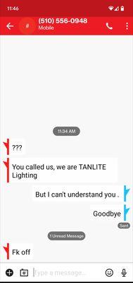 A text from tanlite customer service.