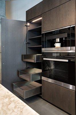 Pedini oak veneer tall cabinet units, Miele appliances