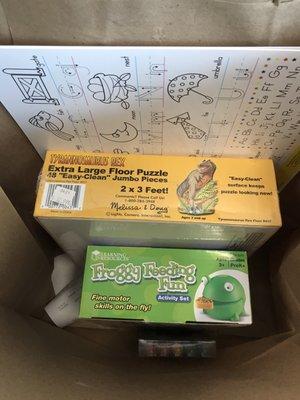 My finds at this store include an XL jumbo dinosaur puzzle, ABC & 123 activity mats, & a cute froggy activity set.