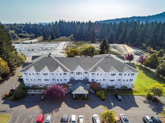 Aerial view of building and surrounding area