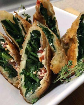 Italian Egg Rolls. Spinach, Vegan Feta and Bruschetta.