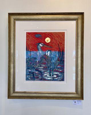 Limited-edition reduction woodcut print by Jane Marshall of Birmingham AL. "Three Blue Heron" on Japanese paper.