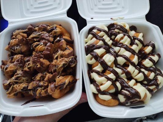 Mini Donut Stand in the dispensary parking lot--smart, hahaha. PB Cup and Chocolate Cheesecake.