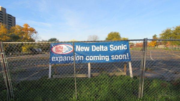 This sign now stands in front of the old OTB. According to this sign, Delta Sonic is making an expansion of their current facility.