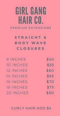 Closures in Stock! Call to make sure your texture is available. 770-376-7216