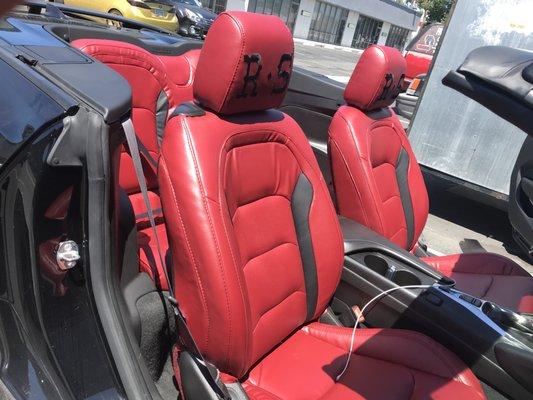 Ford Mustang2018 Upholstery Job, Leather all red with custom headrests #fivestarupholstery #customheadrest #fordmustang #mustang #upholstery