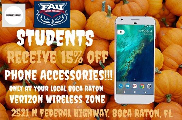 Care for your phone on the Most Frightening Day of the year! #FAU students get 15% off all phone accessories at Verizon Wireless Zone Boca.