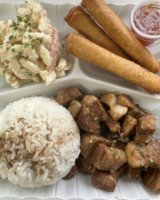 Pork Lumpia, Pork adobo, rice and Mac salad