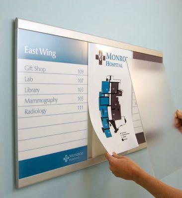 Office Buildings office directory, this is 48"H x 72"W directory board with easy to change information or announcements. .