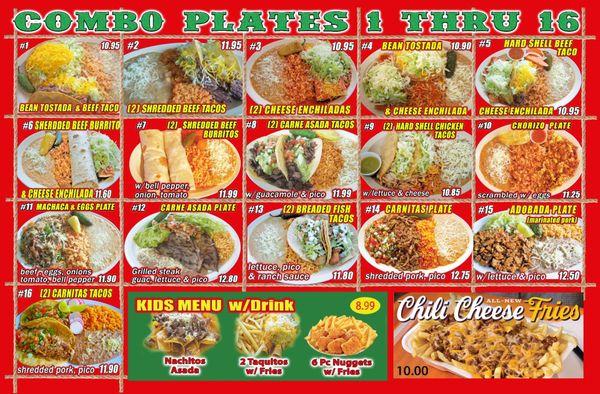 Large selection of combination plates and kids menu also added chili cheese fries to the menu