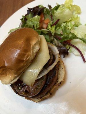 Beyond burger with avocados and balsamic onions.