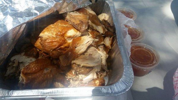 3 orders of chopped chicken, in a tray for a big picnic. Comes with sauces