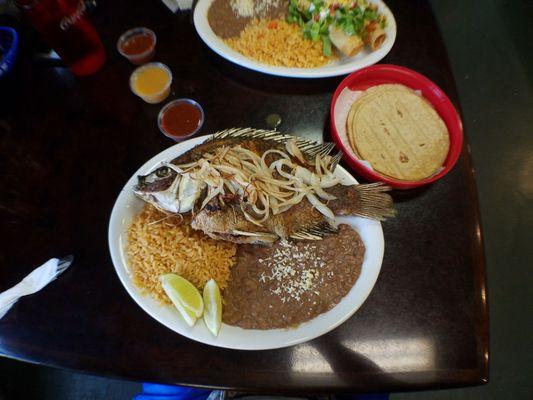 Mojarra Frita w/ rice, beans and corn tortilla