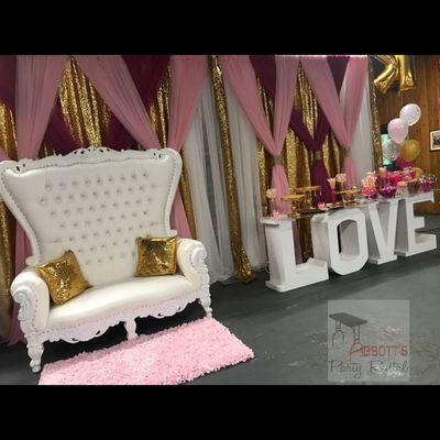 Loveseat & Letter Table Package. View under the RENTAL PACKAGES tab on our website.