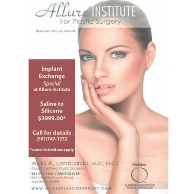 February Special $3999.00 to switch old saline implants for new Silicone. call for details (561)747-1232