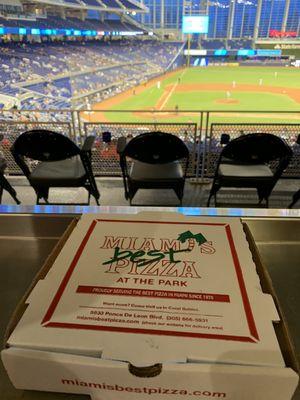 Pizza box of the worst pizza in Marlins stadium.