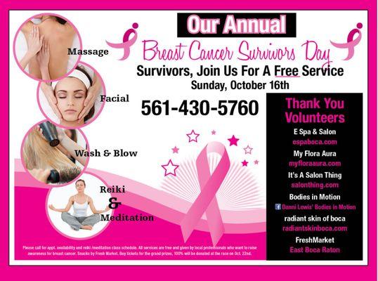 Are you a Breast Cancer Survivor? Call to reserve your appointment for a Free Service!