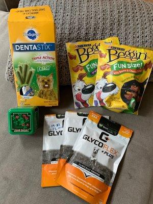 They don't have any: paw balm, and any of the small sizes of dentastix n beggin treats.