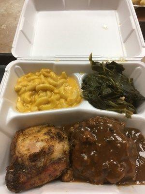 Mac&cheese, collards, roast chicken, and salisbury steak with thick gravy