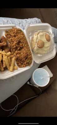 6 honey garlic wings and fried rice (Got a little fries I from another platter)