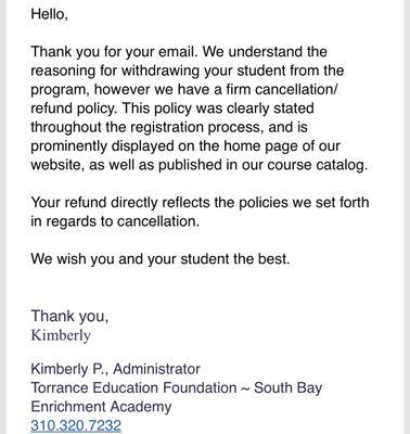 Response I received from SBEA regarding accommodations for IEP students and refund policy.