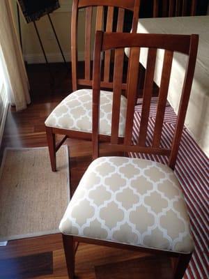 Newly upholstered Ethan Allen dining chairs. The new seats are WAY more sturdy.