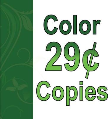 Even lower rates for volumes. $0.29 for color copies with an electronic file. Call for a quote!!