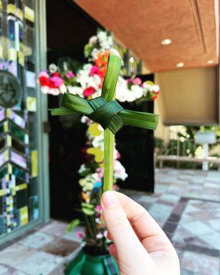 Palm Sunday cross in front of Bethel Lutheran Church entrance