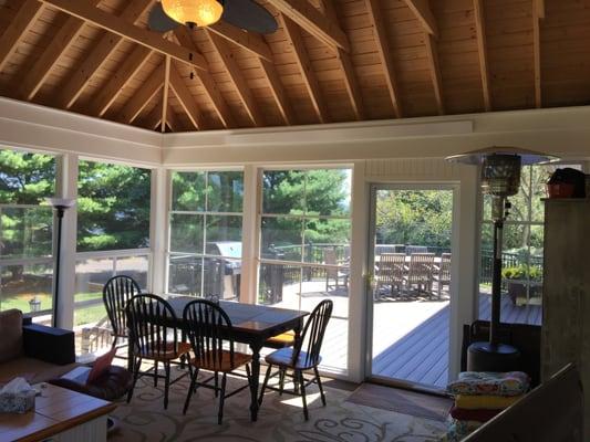 Trex deck with three season custom room. Custom aluminum railing. Flemington, New Jersey