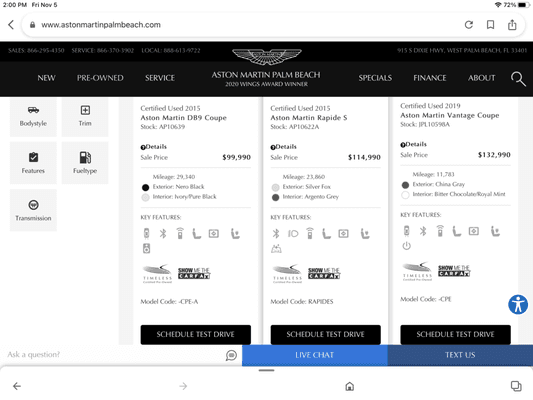 Original advertised price of 2015 Rapide S from Aston Martin Palm Beach