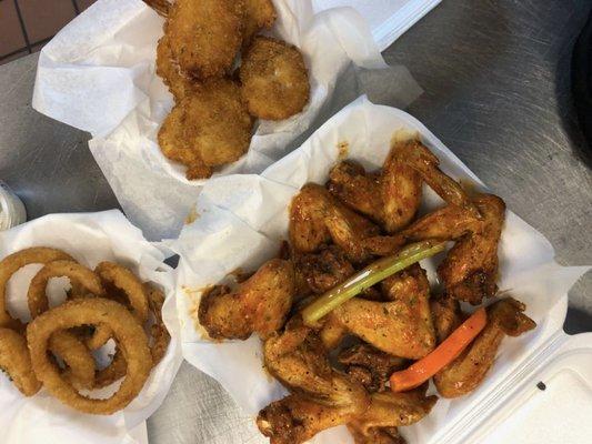 onion rings, shrimp, wings