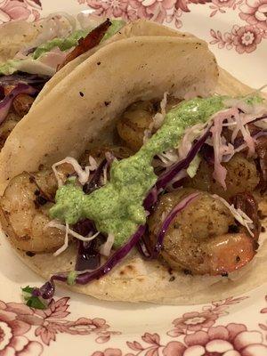 Shrimp tacos with slaw and avocado sauce