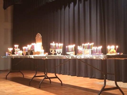 Chanukiahs at the Hanukkah dinner (7th night, post Thanksgivakah!)