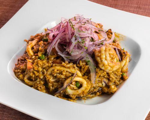 Arroz con Mariscos a lo Norteño- Peruvian paella topped with Salsa Criolla.