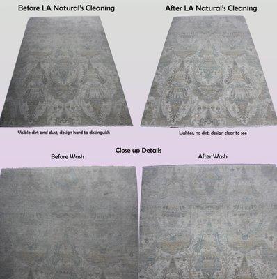 Before and After photos of our Los Angeles Natural Rug Cleaning wash. You can see how brighter and clearer the rug gets after the wash.