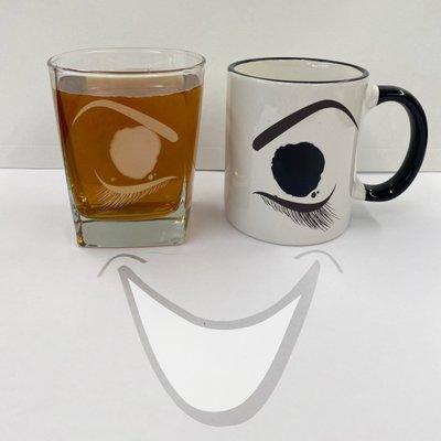 Custom printed coffee mug and juice glass