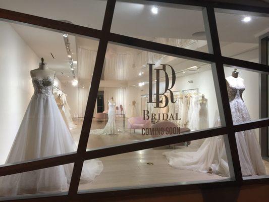 Exterior of the LBR Bridal Miami shop, looking in the window at the salon