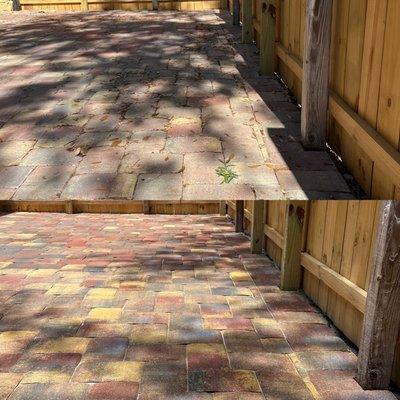 Before and after our Brick paver cleaning, sanding, and sealing services