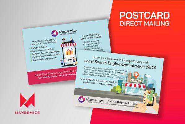 Need a postcard design for direct mailing to promote your small business within the community? We can help! Call (949) 431-0431.