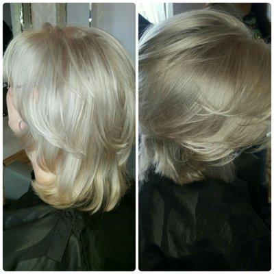 Smokey Blonde color and a modern shag haircut