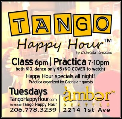 tango + happy hour = Tango Happy Hour™!  Each and every Tuesday, a friendly, low-key social tango group. Come join us!