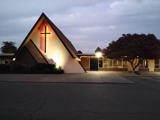 Church building at dusk