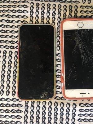 Two phones and two broken screens What is your fee replacement cost?  Can I bring in today?  turnaround time? Many thanks Sarah 818-292-2439