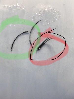 Lashes in green--lash extensions from another place  Lashes in red--the ones she used