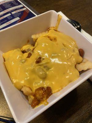 Chili Cheese Fries from the bowling alley, served in a ceramic dish, pretty good too!