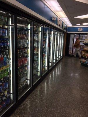 One of two walls of refrigerated goods