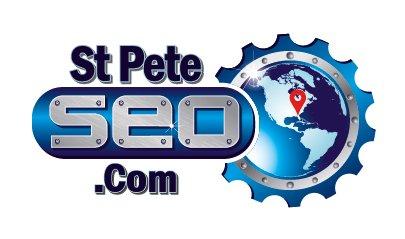 stpeteseo.com logo gear with map of earth with land maker