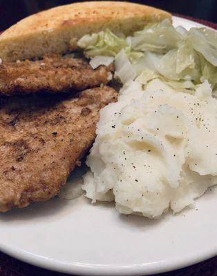 boneless porkchop, cabbage, mashed potatoes, made from scratch cornbread