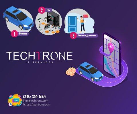 A three-step process to fix your device during coronavirus outbreak from Techtrone IT Services 1. Pickup 2. Fix 3. Delivery