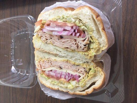 Honey Turkey & Swiss, spicy mustard, red onions, L&T